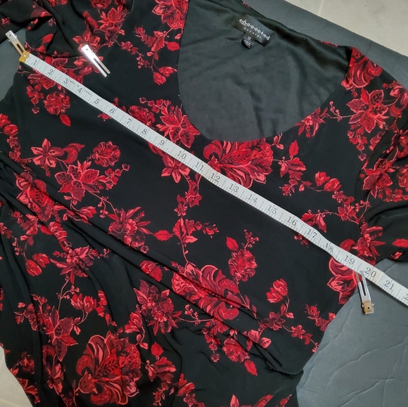 Connected Apparel Stretch Black/Burgundy/Red Long Flare Sleeve Shift Dress Sz 12 - Picture 8 of 10